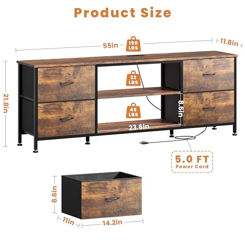 TV Stand with 4 Fabric Drawers and Open Shelves for 50" TV, Black Wood Veins I88170