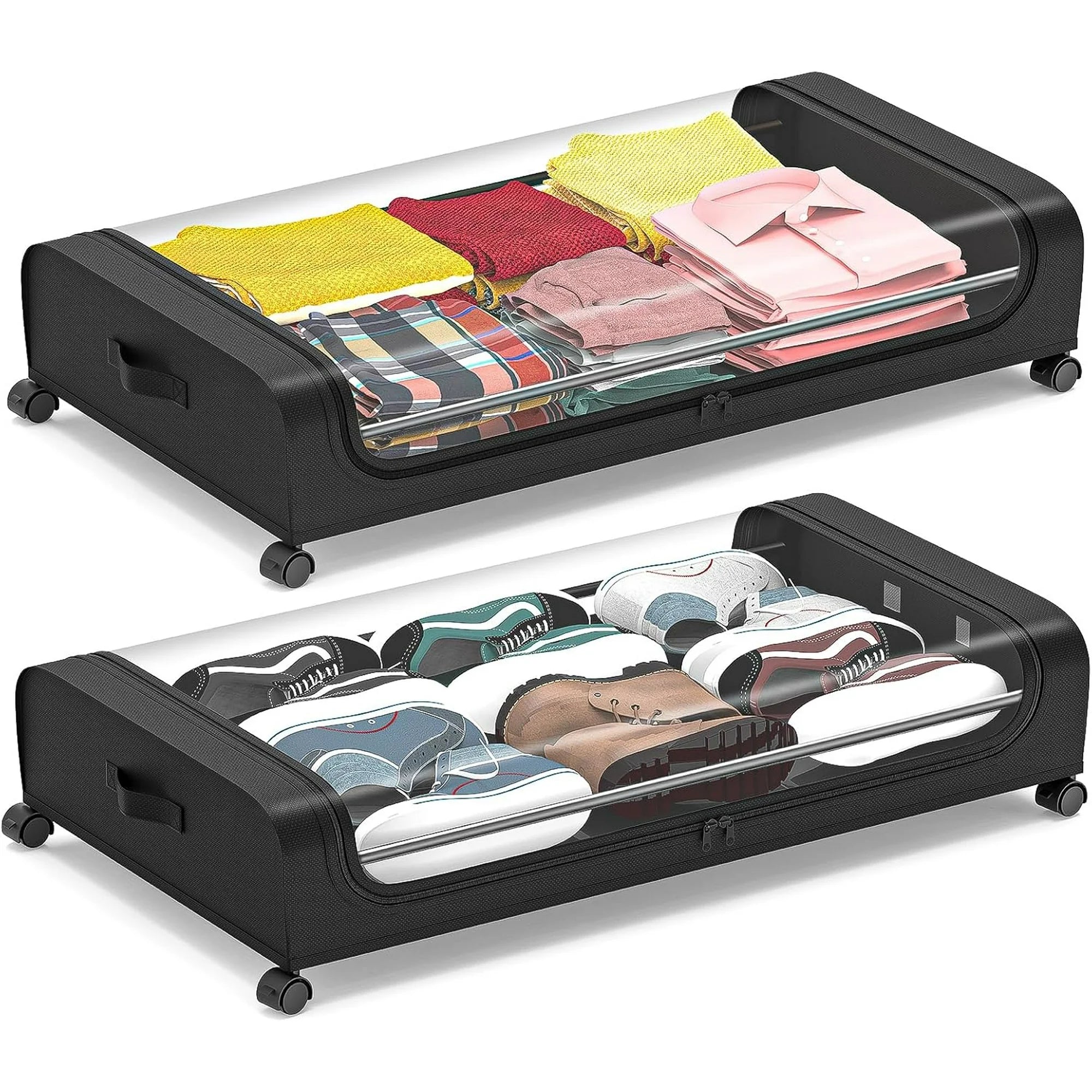 Under Bed Storage with Wheels 2 Pack, Large Rolling Containers with Lid B901