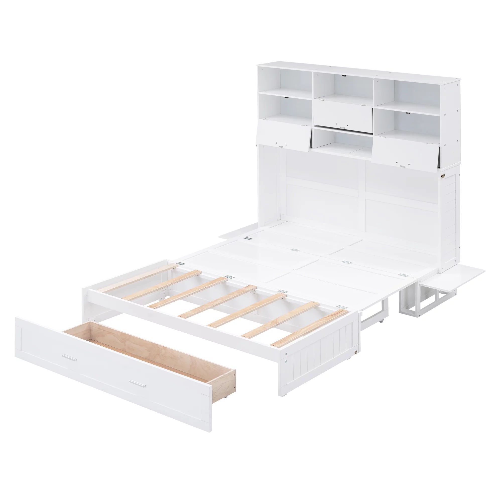 Queen Size Murphy Bed with Bookcase and Drawer, White P7712