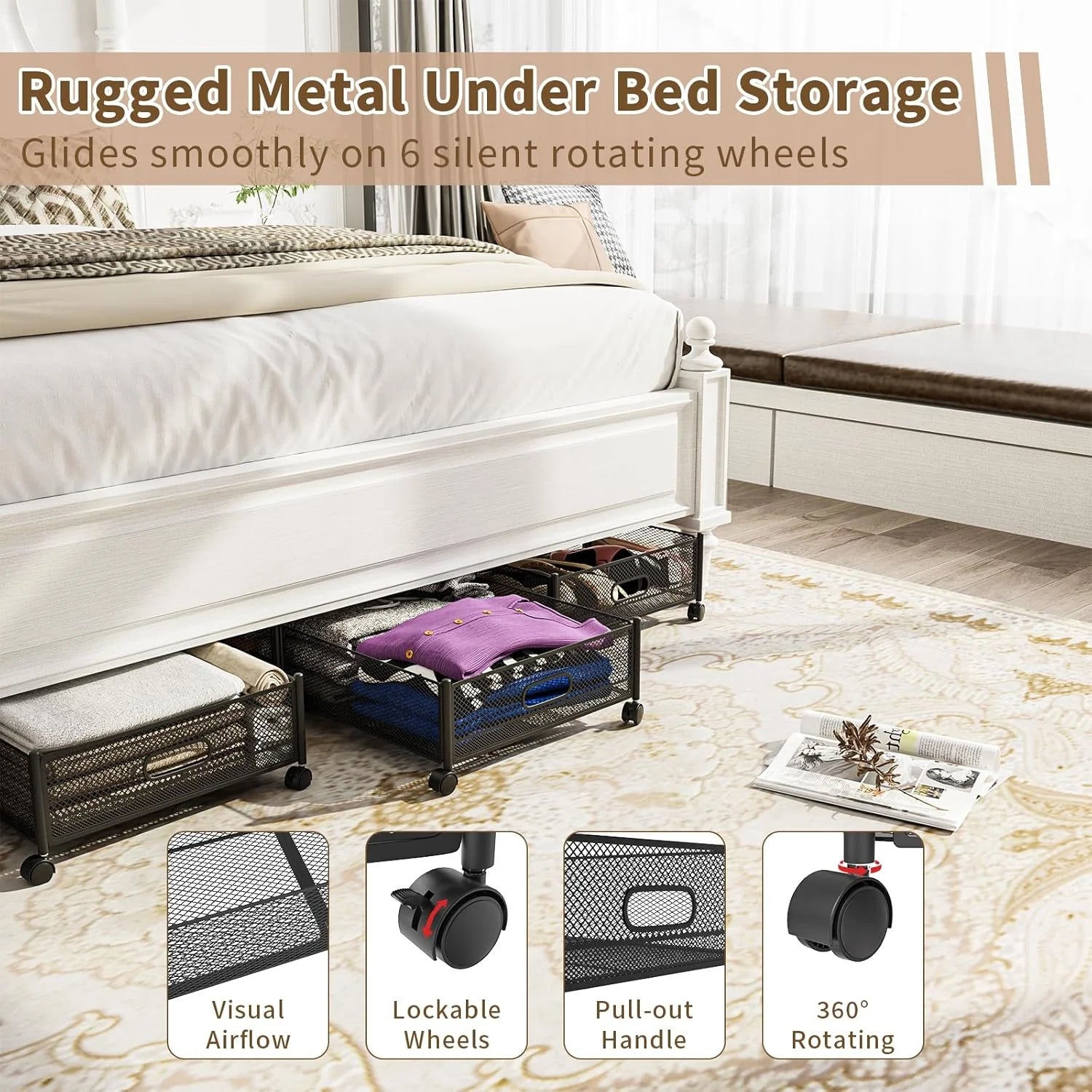 Under Bed Storage on Wheels, Large Capacity Rolling Containers, Foldable Drawers W803948