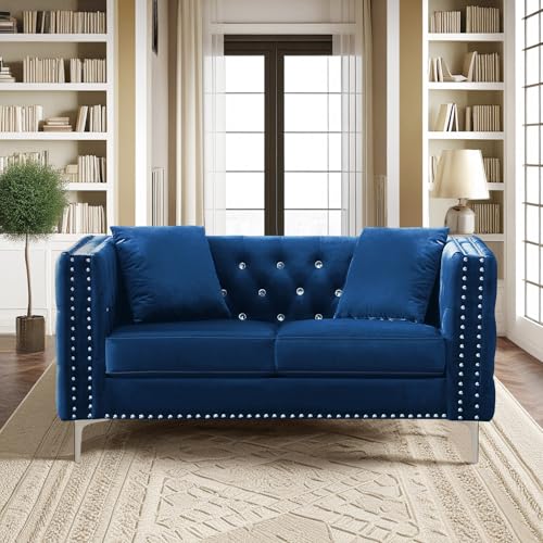 Velvet Loveseat Sofa for Living Room, 59 Inch Modern Upholstered with Pillows, Black W6680