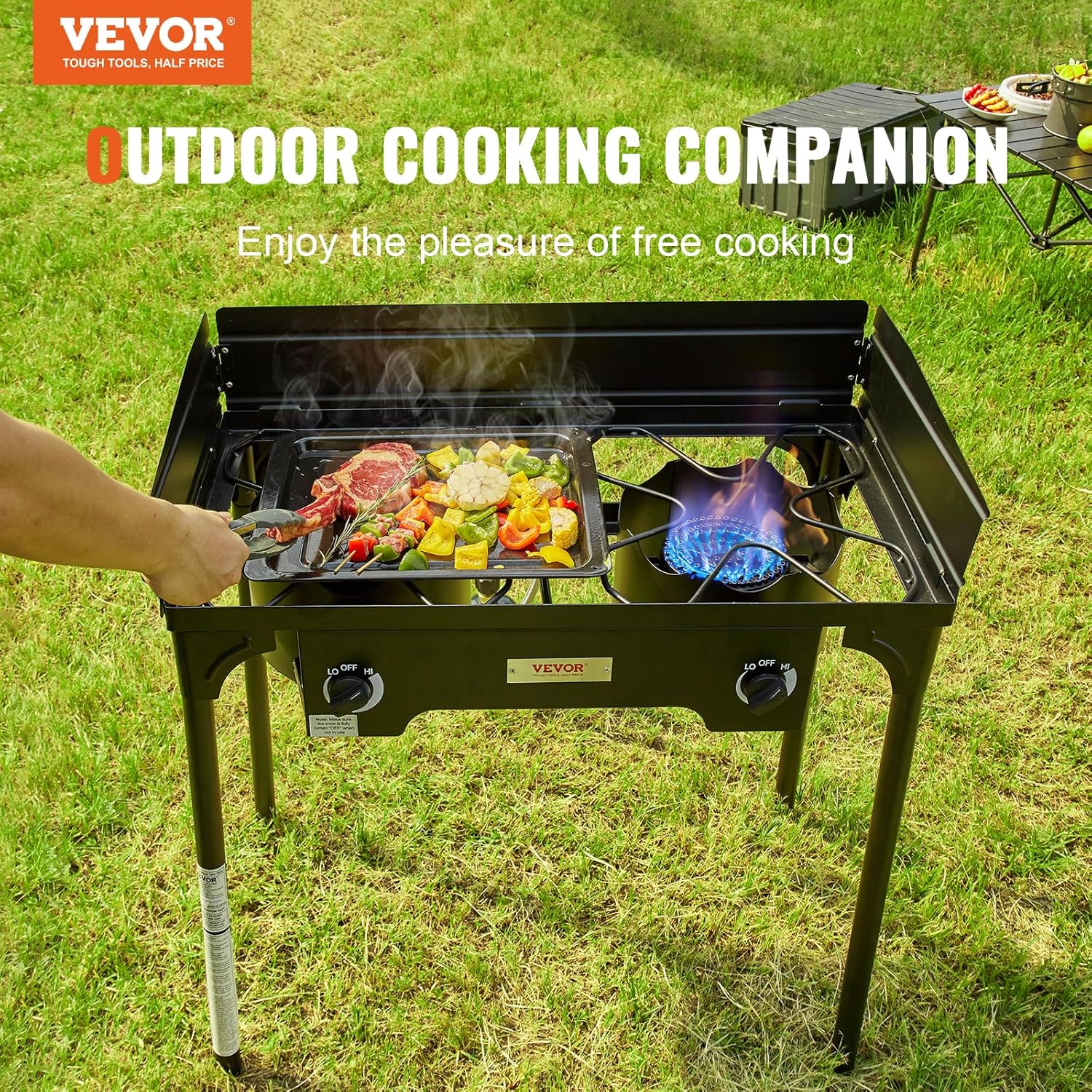 Outdoor Propane Burner, 2 Burner Stove with Windscreen, Heavy Duty Gas Cooker with Detachable Legs Stand S96726