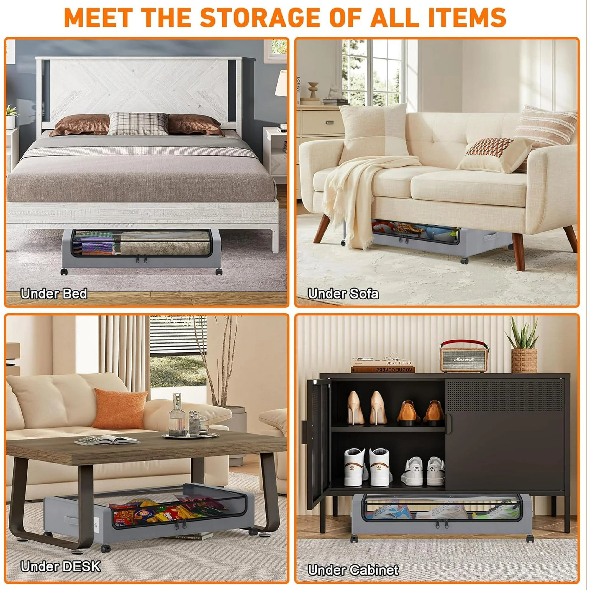 Under Bed Storage Containers with Wheels and Clear Lids, 60L, Gray E520558