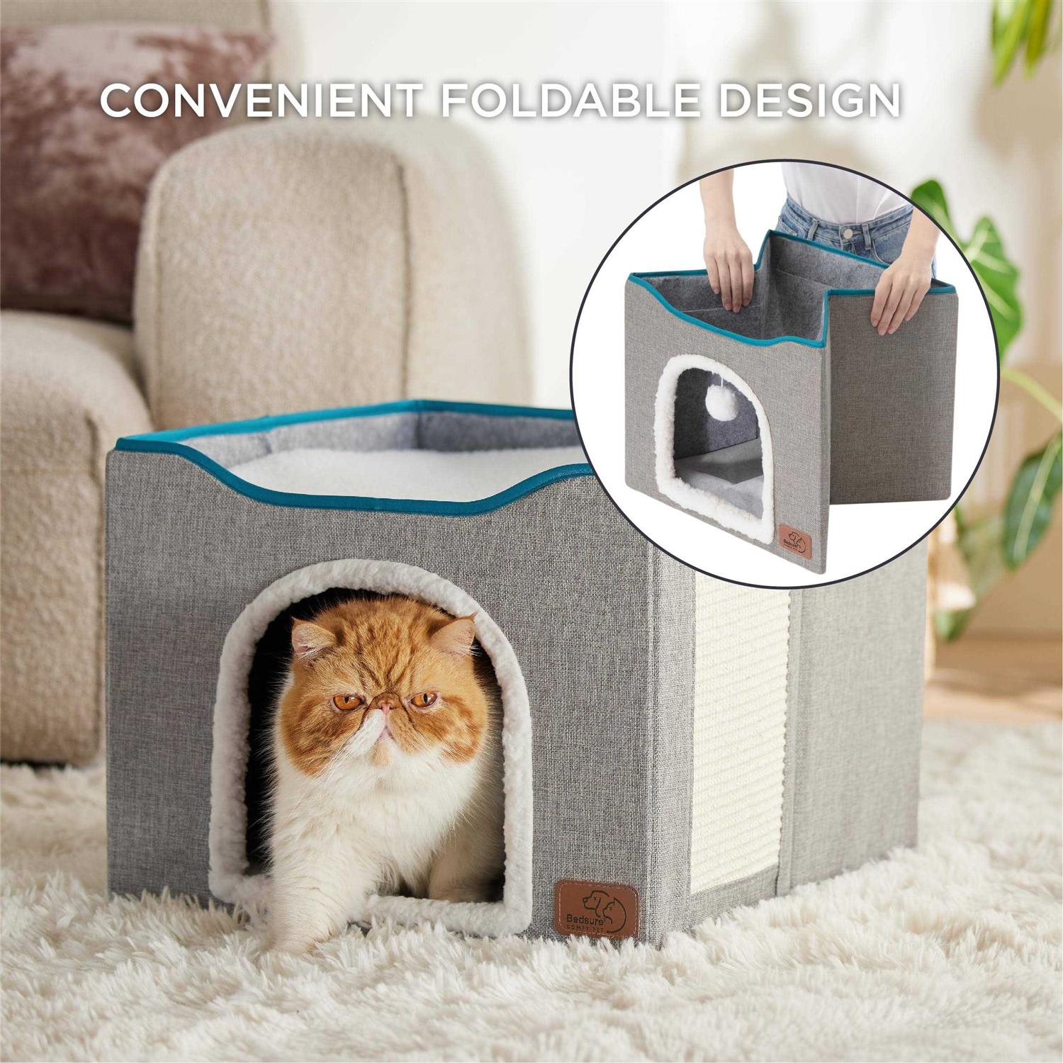 Large Cat Cave Bed with Hanging Ball and Scratch Pad C663