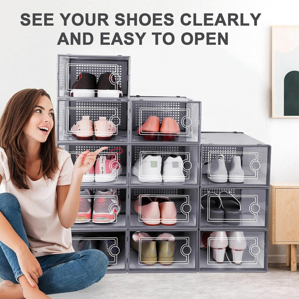 Clear Plastic Stackable Shoe Storage Boxes with Lids, 12 Pack S97144