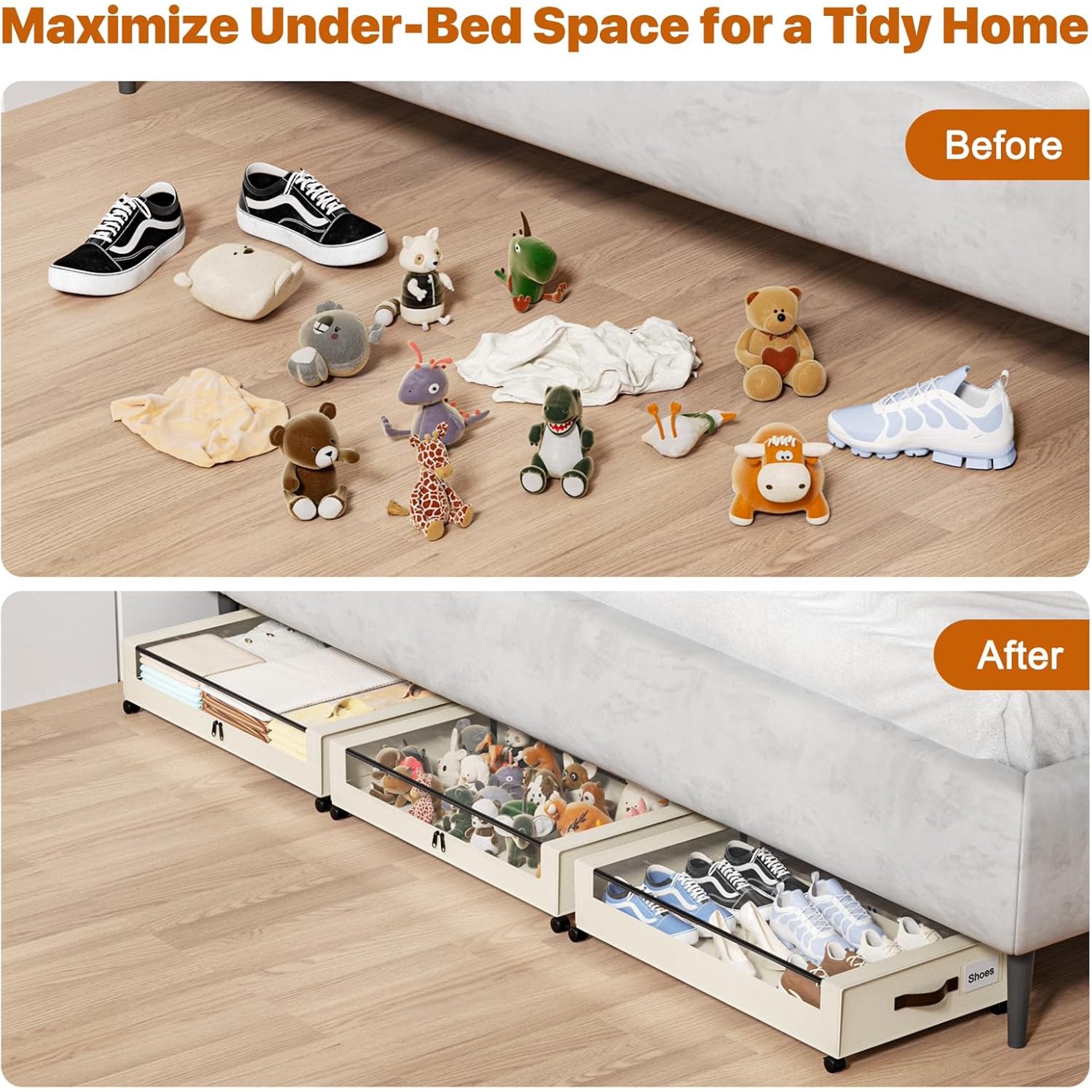 Under Bed Storage Containers with Wheels, 4 Pack, XXL 60L, Clear Lids W6827