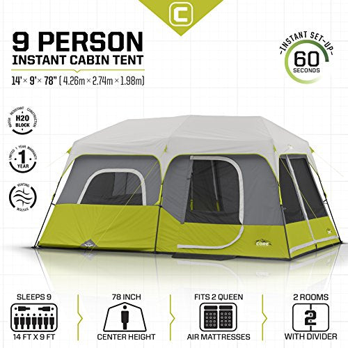 9 Person Instant Cabin Tent - 14' x 9', Green H9128