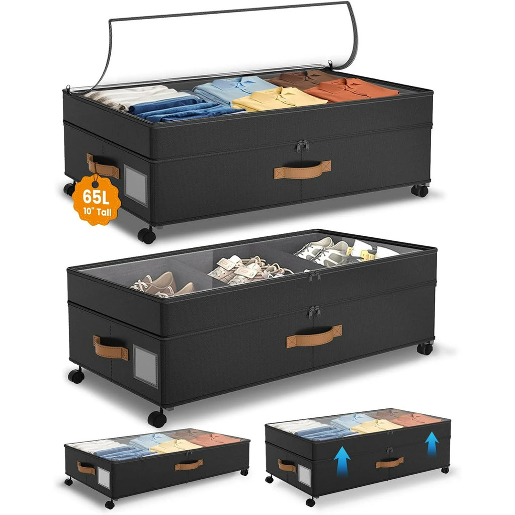 Under Bed Storage with Wheels, Adjustable Height, 10 Inches, Black E7377