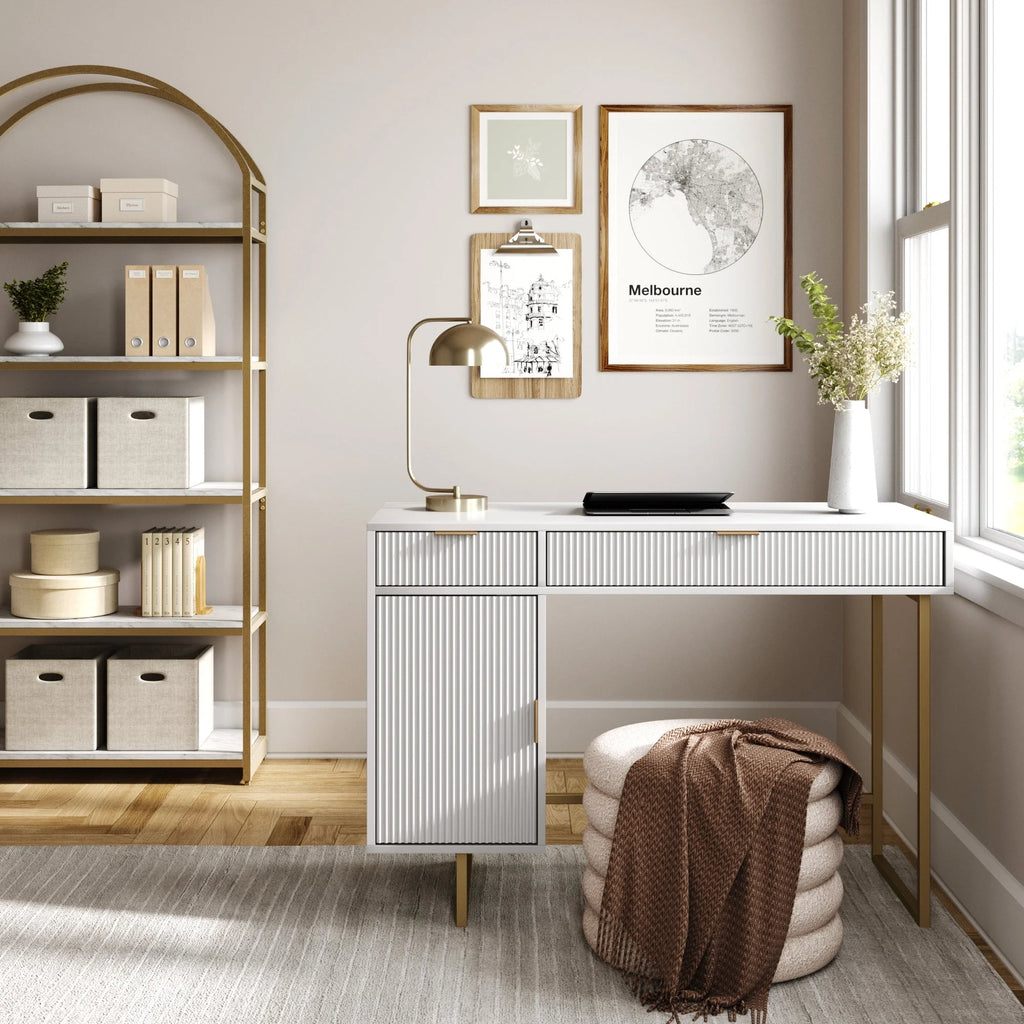 Modern White Computer Desk with Drawers and Cabinet Storage S895550