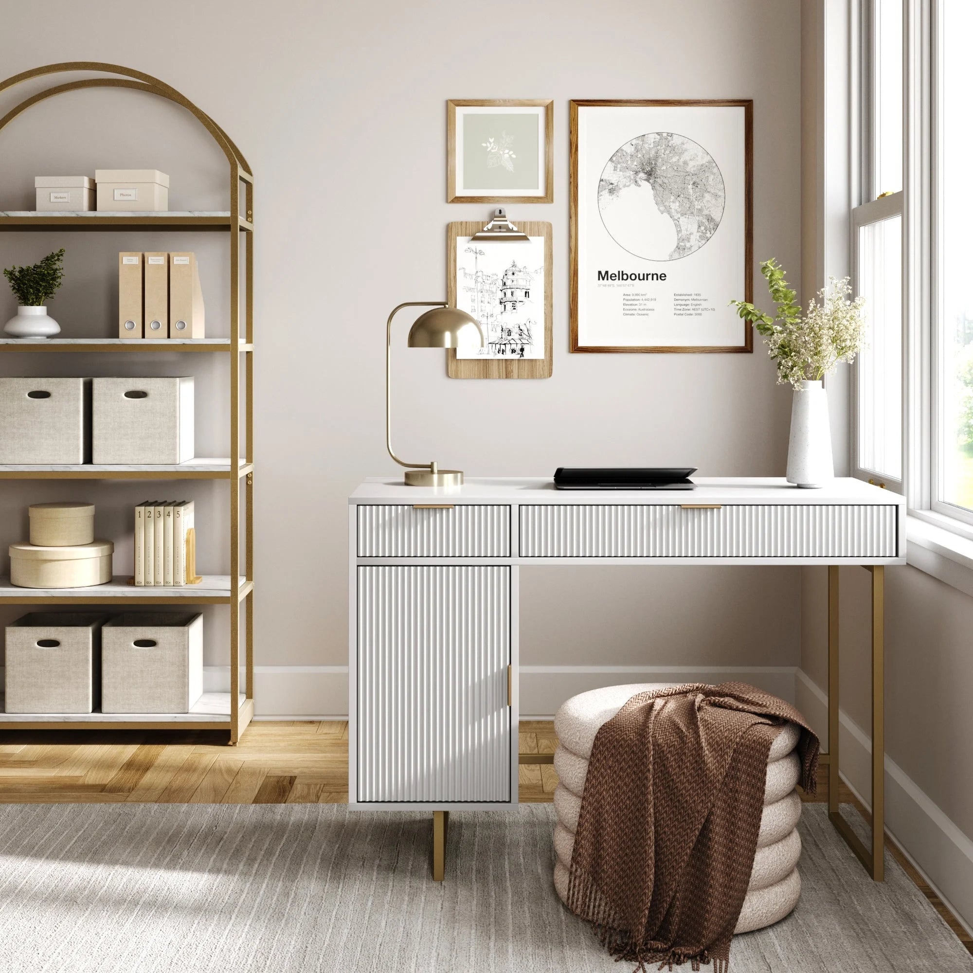 Modern White Computer Desk with Drawers and Cabinet Storage S895550