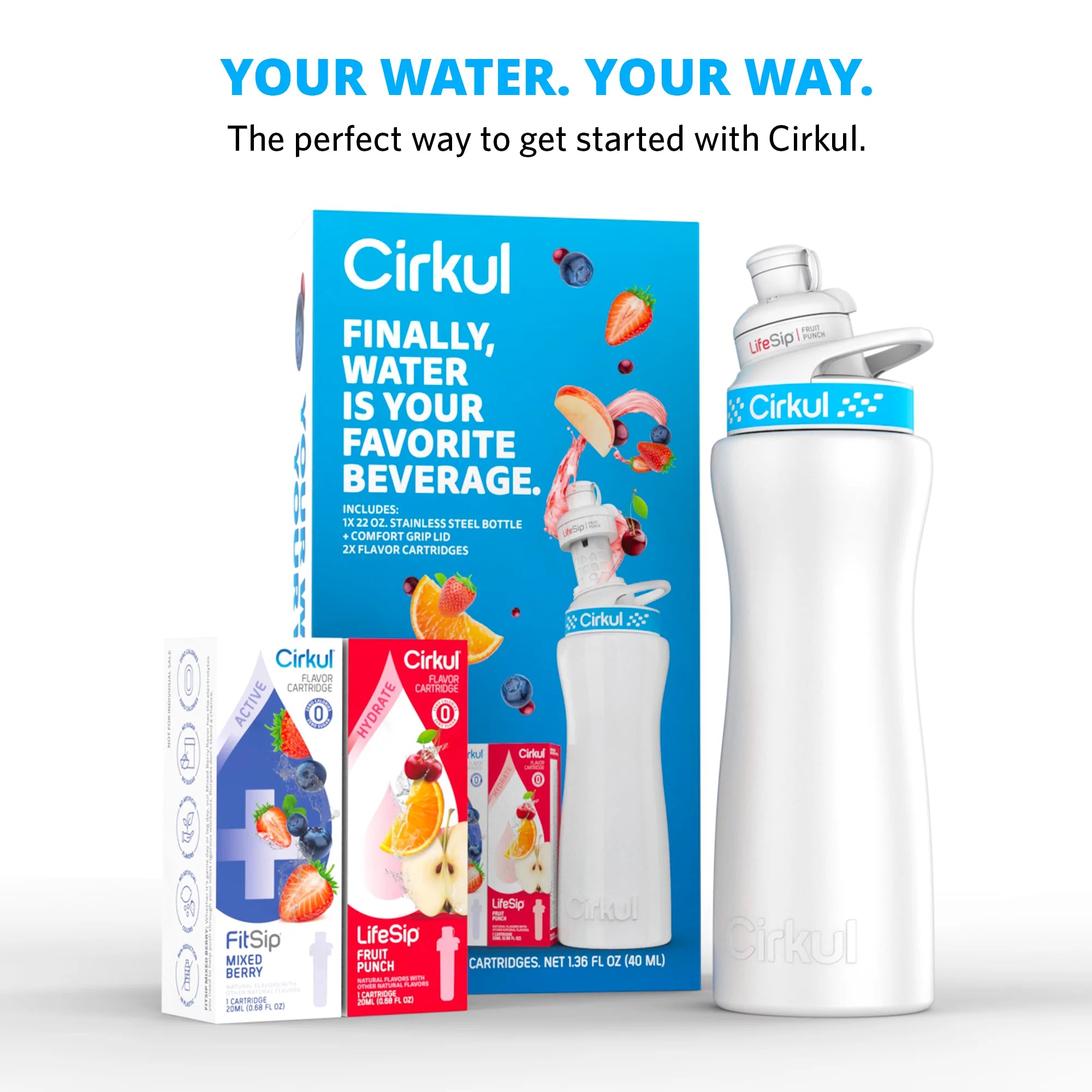 22oz Stainless Steel Water Bottle Starter Kit with 2 Flavor Cartridges W7144