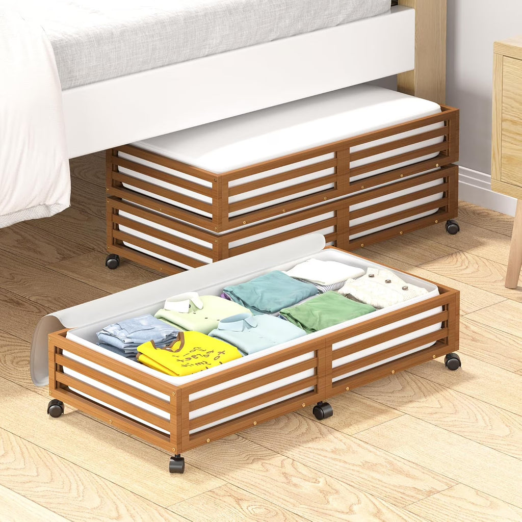 Bamboo Under Bed Storage Containers- Underbed Organizer with Wheels with Large Capacity Dust Bag,Sturdy Wood Rolling Under Bed Shoe Storage Organizer 2 Packs (Walnut, 2 Packs (33.07×16.54))