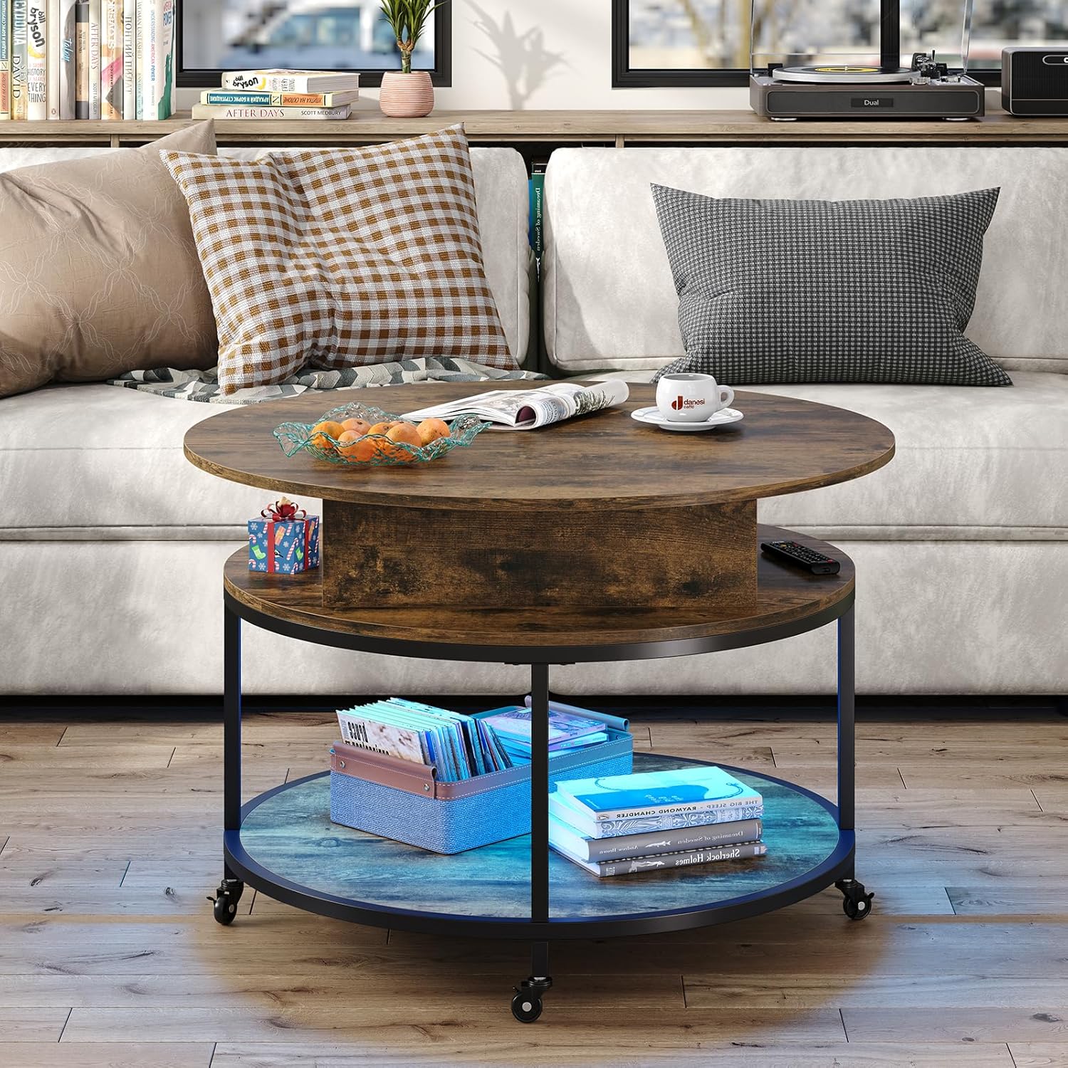 Round Lift Top Coffee Table with 2-Tier Storage and Wheels R2701