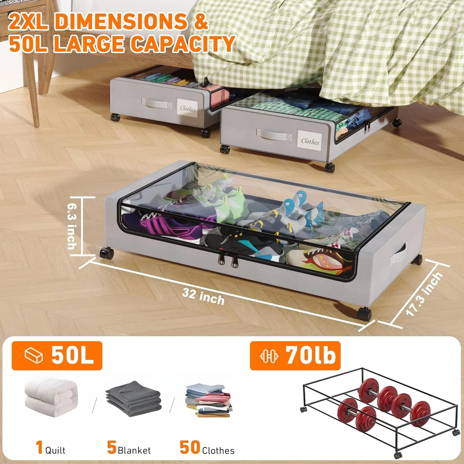 Under Bed Storage Containers with Wheels and Clear Lids, 60L, Gray E520558