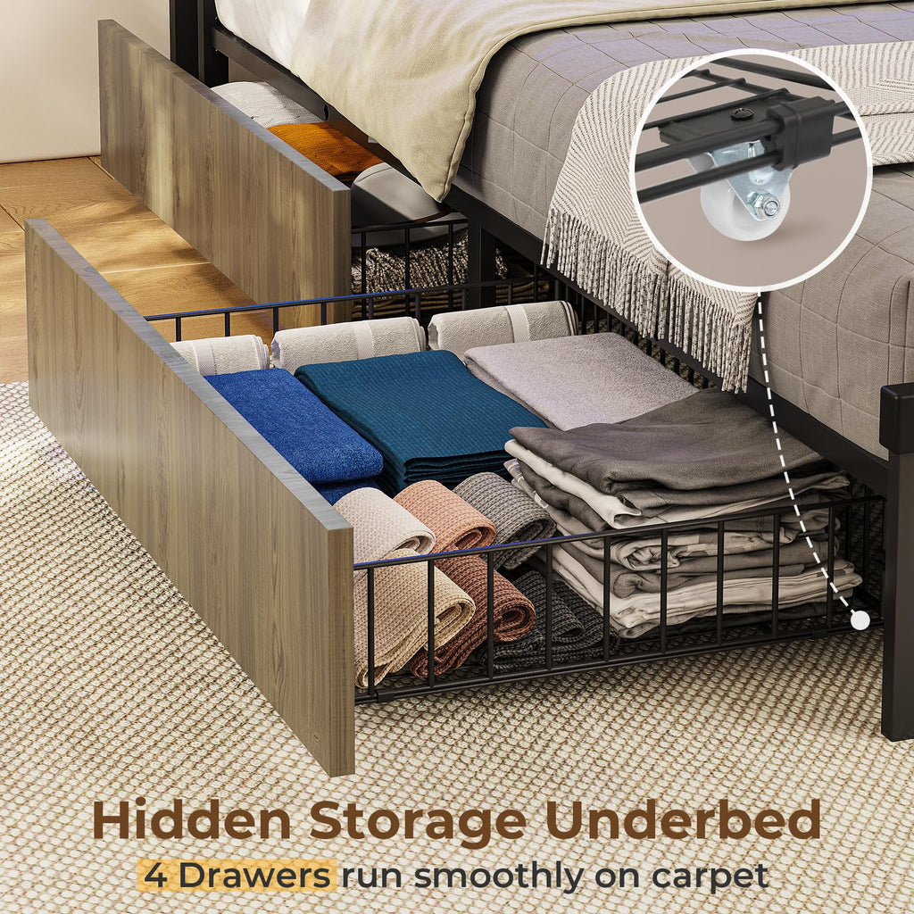 Metal Platform Bed Frame with 4 Storage Drawers and Charging Station, Oak Grey D1347