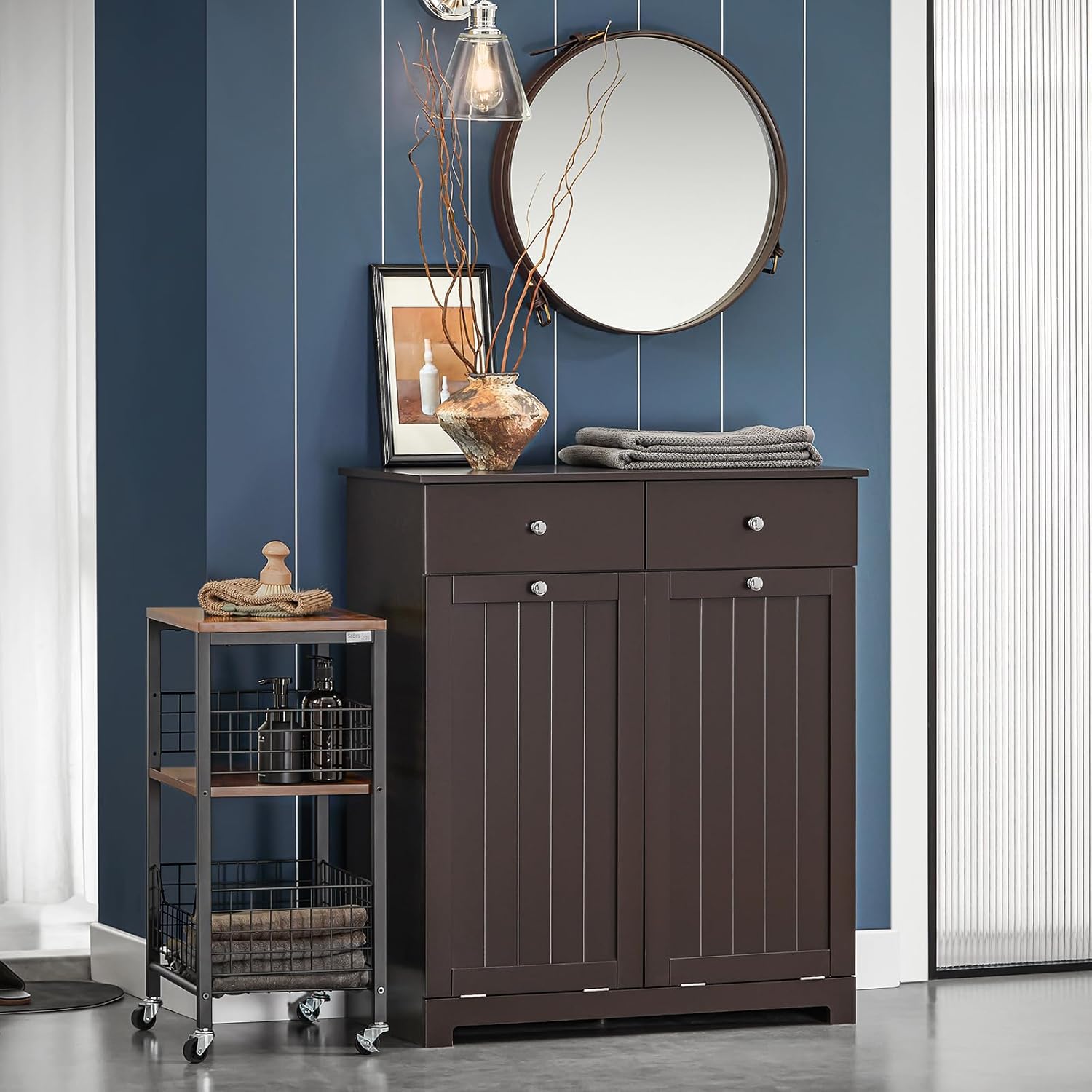 Laundry Hamper Cabinet with 2 Drawers and Wall Cabinet O1667