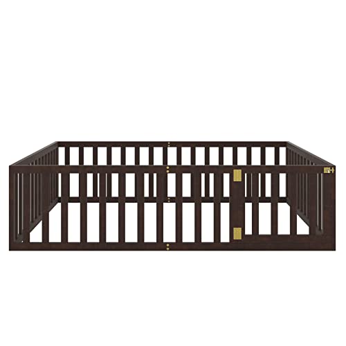 Twin Floor Bed Frame with Safety Fence, Solid Wood J960722