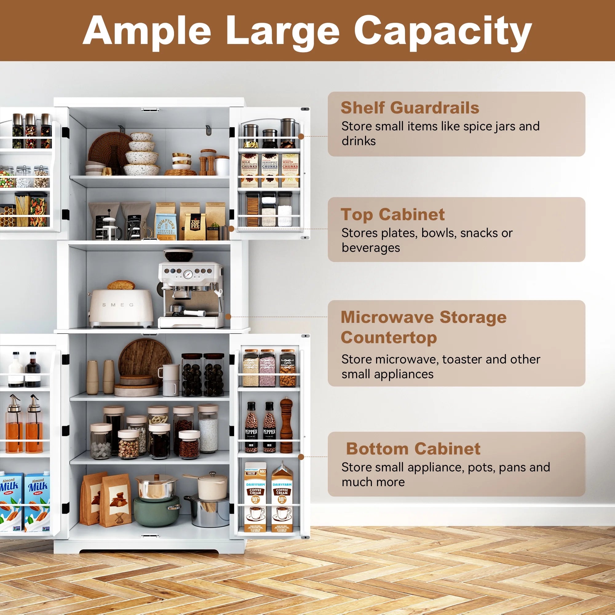 72" Kitchen Pantry Storage Cabinet with Microwave Stand and Shelves N568