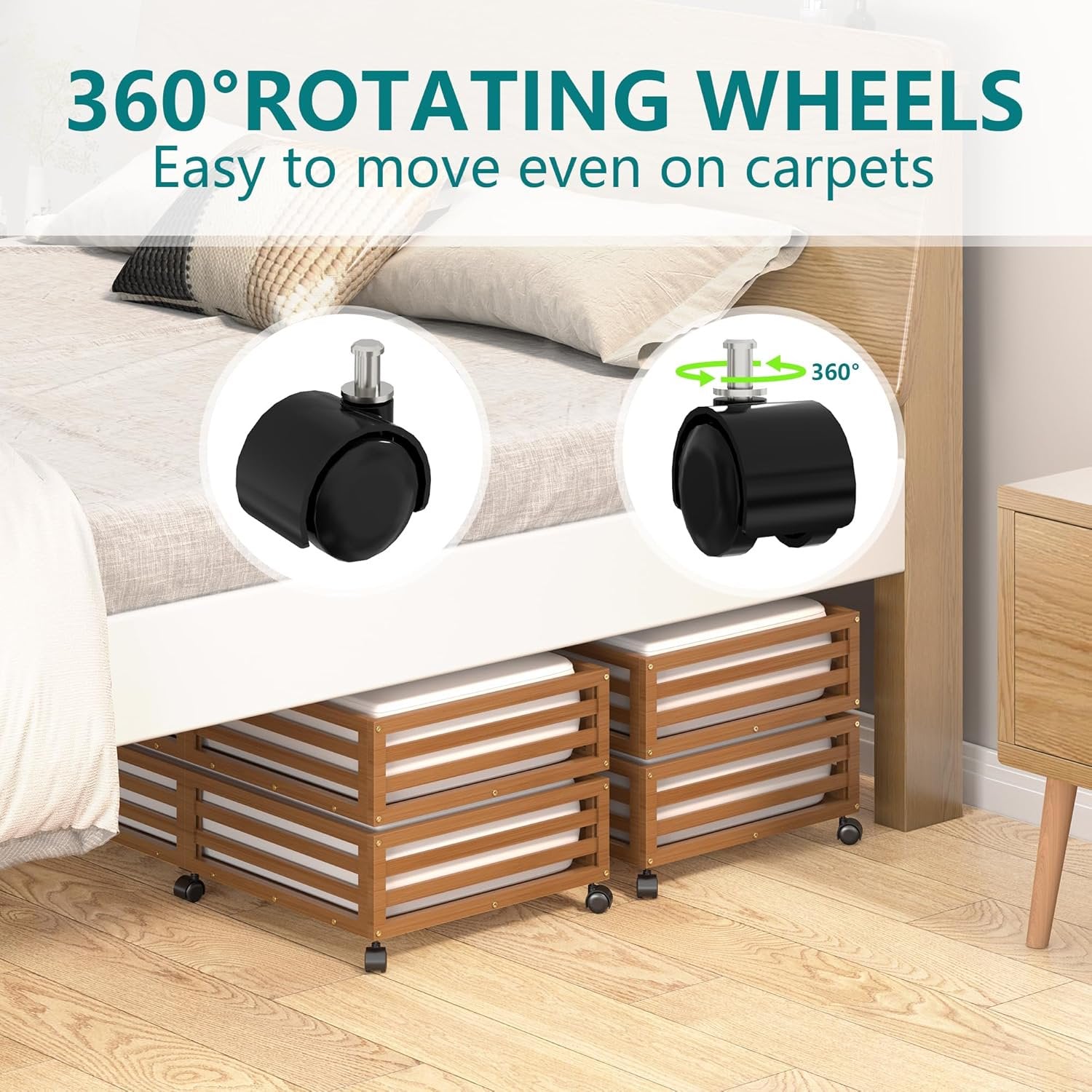 Bamboo Under Bed Storage Containers with Wheels and Dust Bag T7066