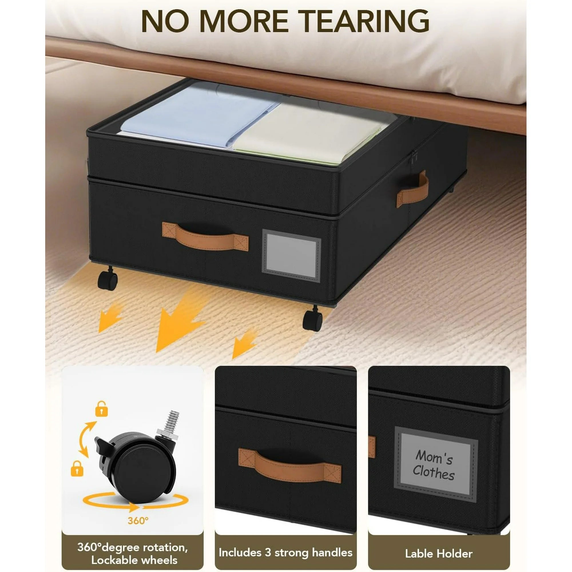 Under Bed Storage with Wheels, Adjustable Height, 10 Inches, Black E7377