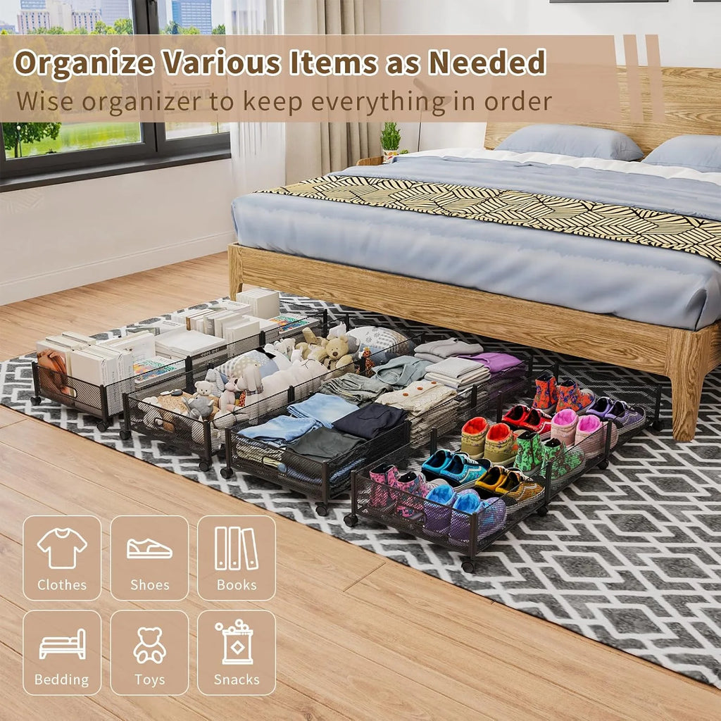 Under Bed Storage on Wheels, Large Capacity Rolling Containers, Foldable Drawers Y925938