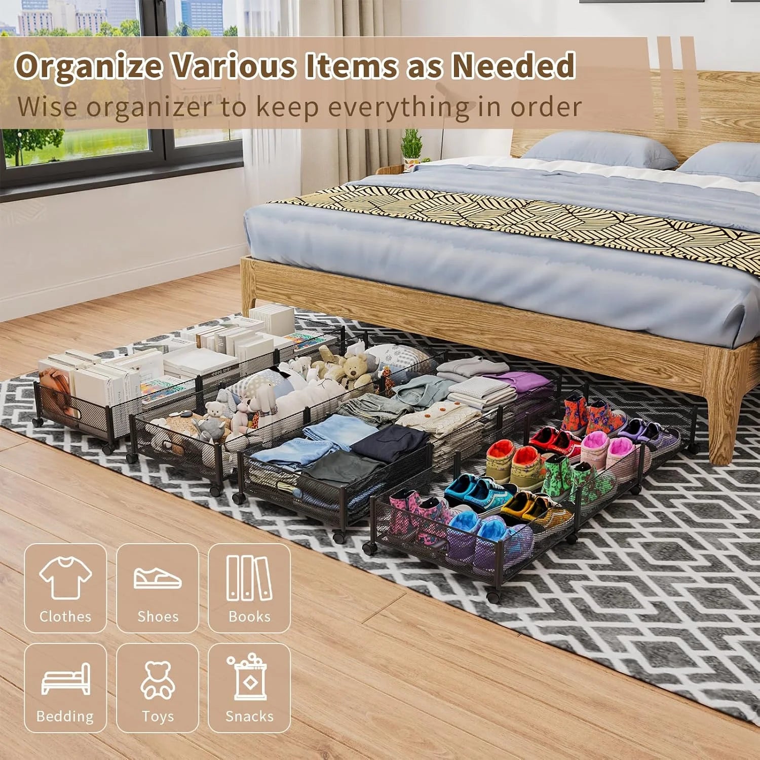 Under Bed Storage on Wheels, Large Capacity Rolling Containers, Foldable Drawers Y925938
