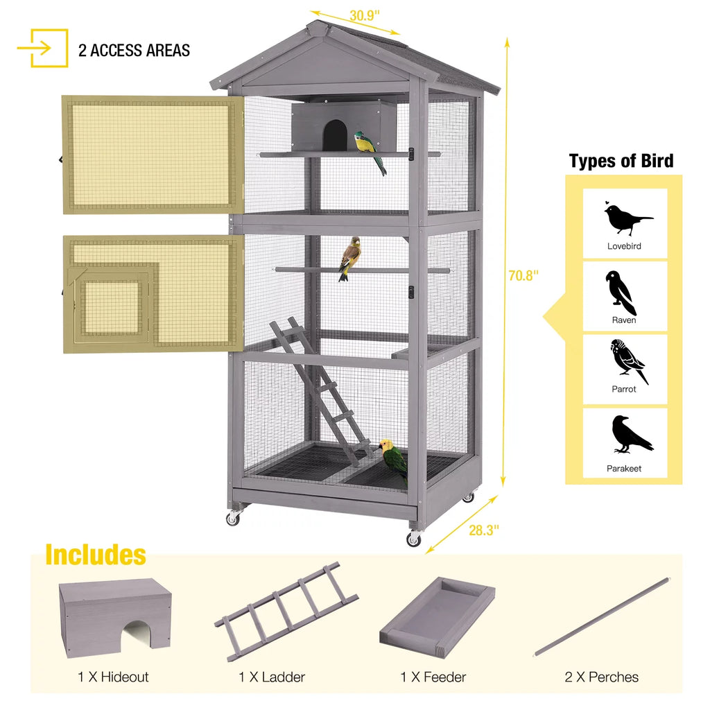 Large Wooden Birdcage with Stand for Parakeets, Cockatiel, Parrot J8908