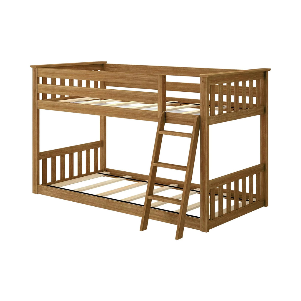 Twin over Twin Low Bunk Bed with Ladder for Kids, Solid Wood N99866