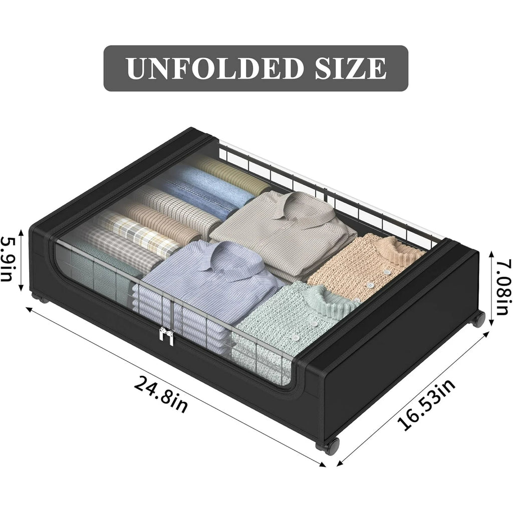 Under Bed Storage with Wheels and Cover, Metal Drawers, Black O642507