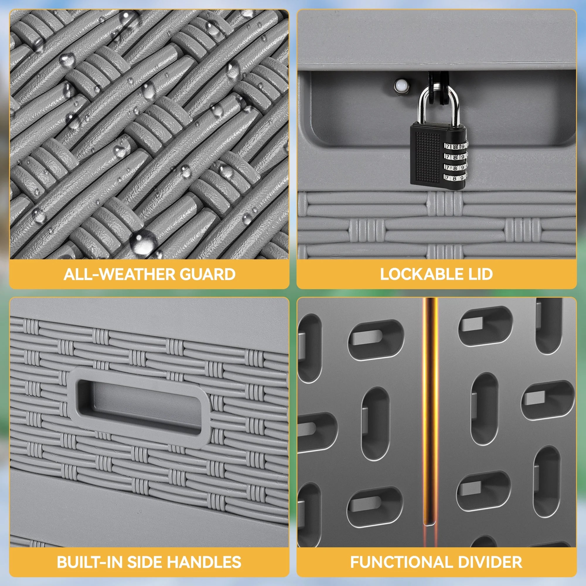 230 Gallon Resin Deck Box, Double-Wall Rattan Outdoor Storage for Patio Furniture, Waterproof and Lockable, Grey Z348222