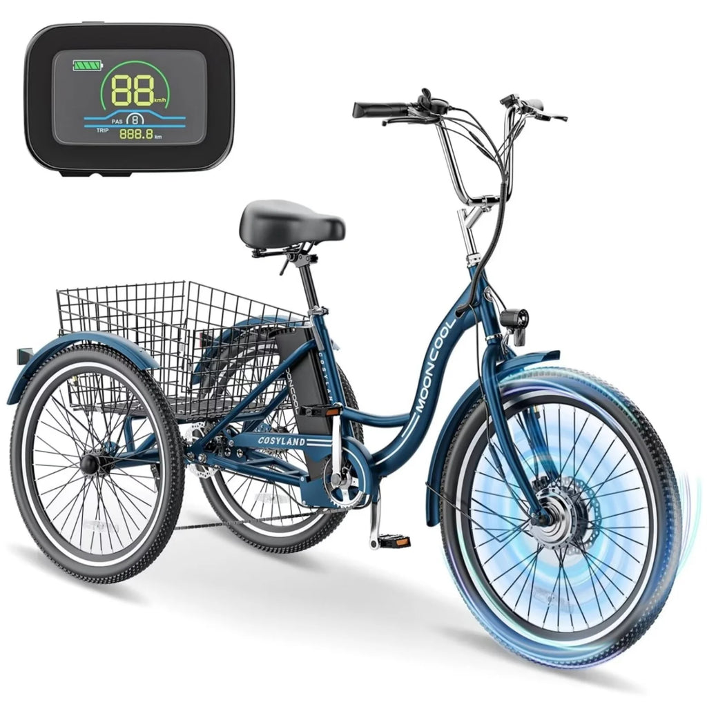 MOPHOTO 24" 350W 36V 7 Speeds Electric Tricycle for Adult, Electric Trike with Basket, 3 Wheel Electric Bikes with Led Headlight, Motorized Tricycle for Senior