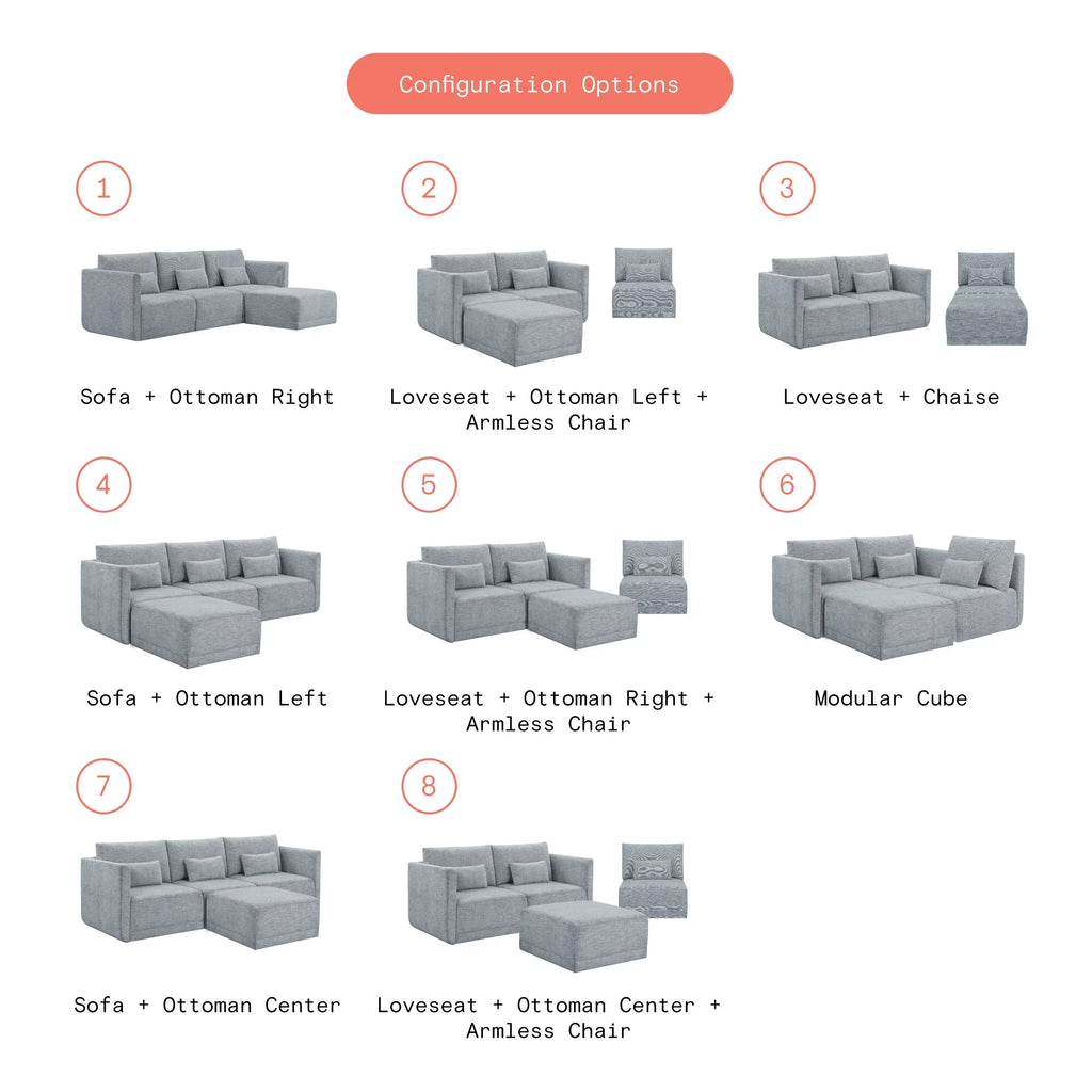 Modular Sectional Sofa with Ottoman, Gray Fabric C1383