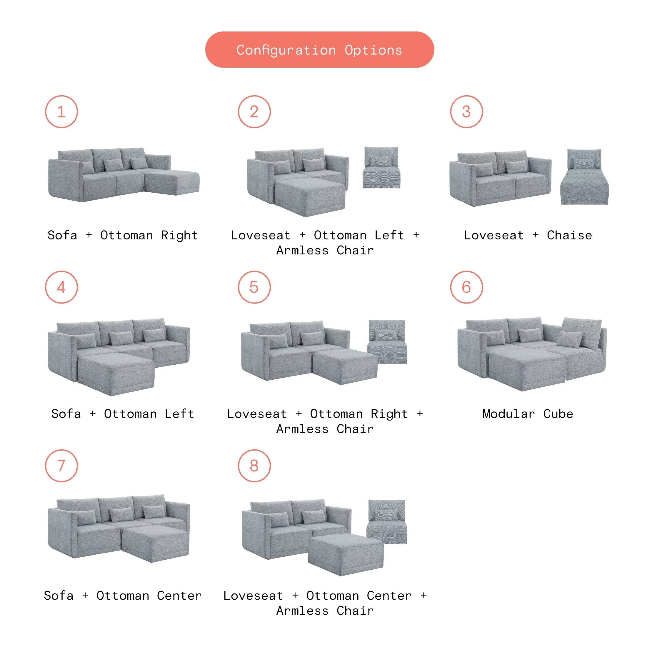 Modular Sectional Sofa with Ottoman, Gray Fabric C1383