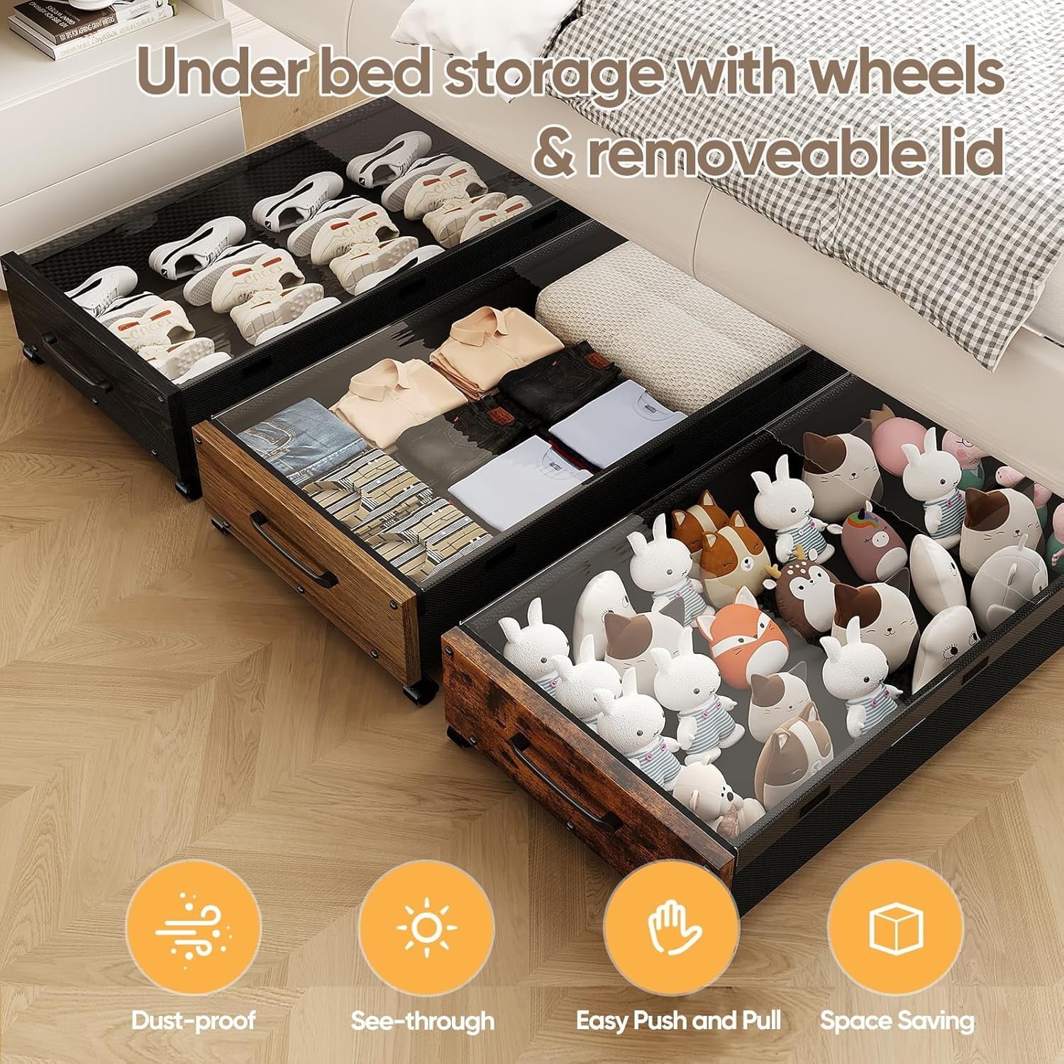 Under Bed Storage with Wheels, 2 Pack Rolling Metal Drawer for Clothes M92727