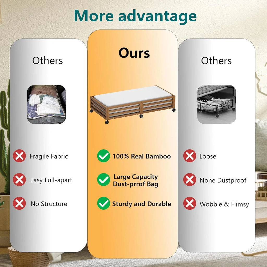 Bamboo Under Bed Storage Containers with Wheels and Dust Bag T7066