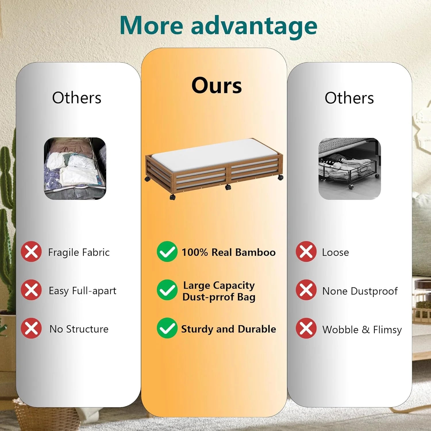 Bamboo Under Bed Storage Containers with Wheels and Dust Bag T7066