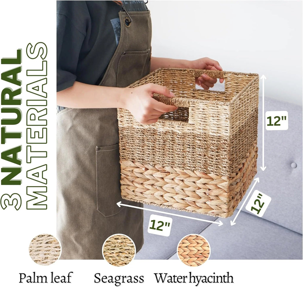 Natural Wicker Storage Cubes, 12x12 Bins, Set of 4 Heavy Duty Hyacinth Baskets for Shelf, Foldable Square Baskets K7706