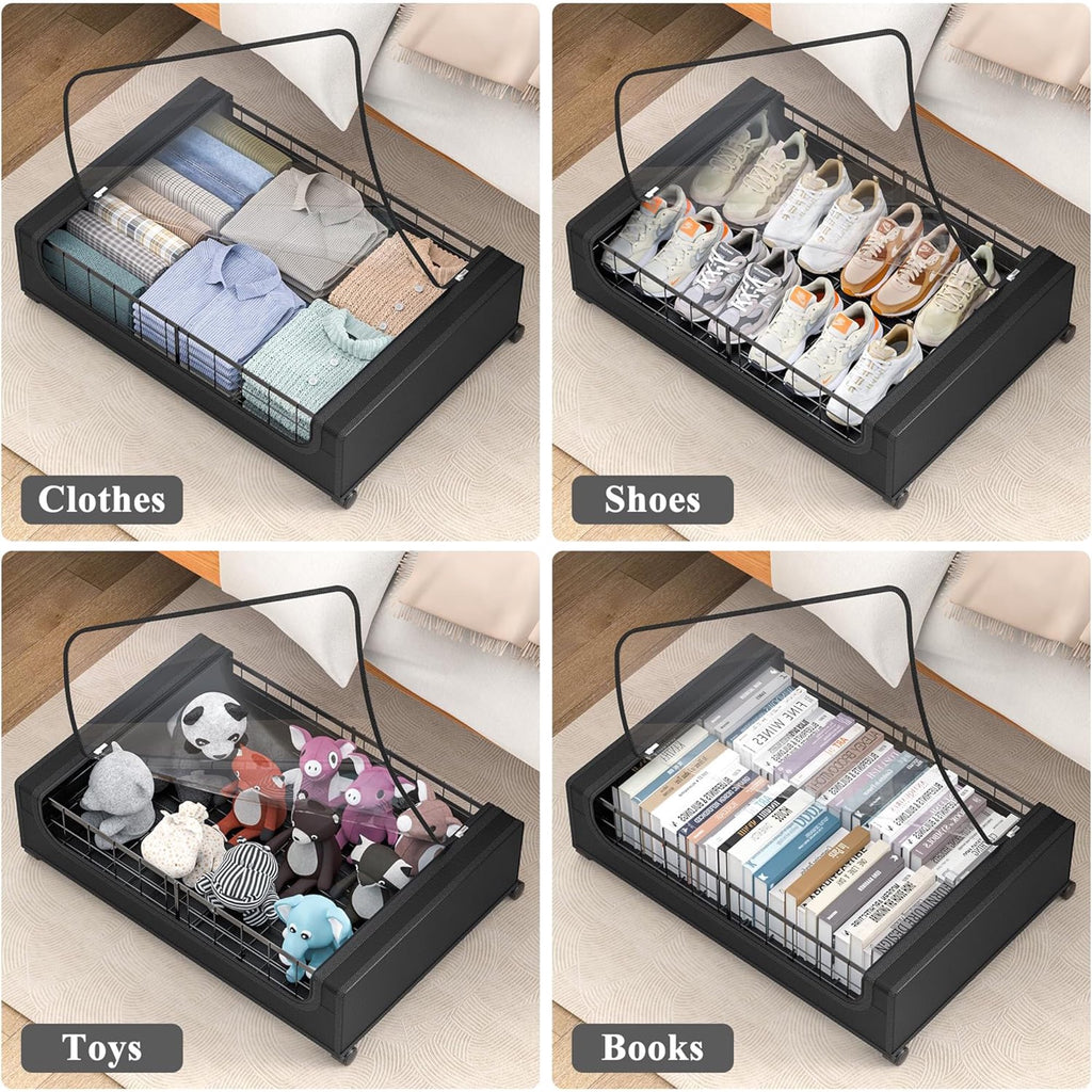 Under Bed Storage with Wheels and Cover, Metal Drawers, Black O642507