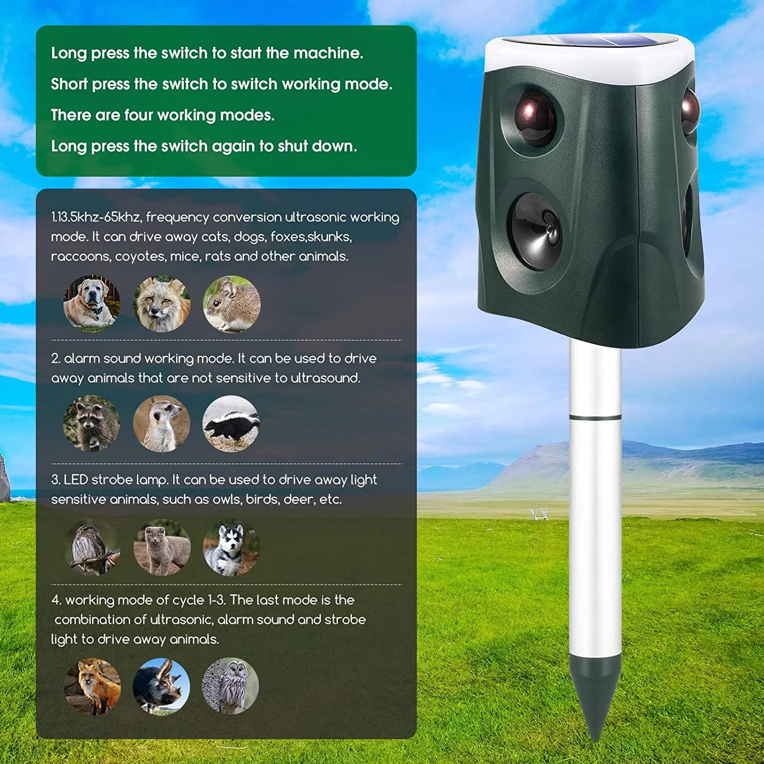 Ultrasonic Animal Repeller Outdoor Waterproof with PIR Sensor and Strobe Light D732837